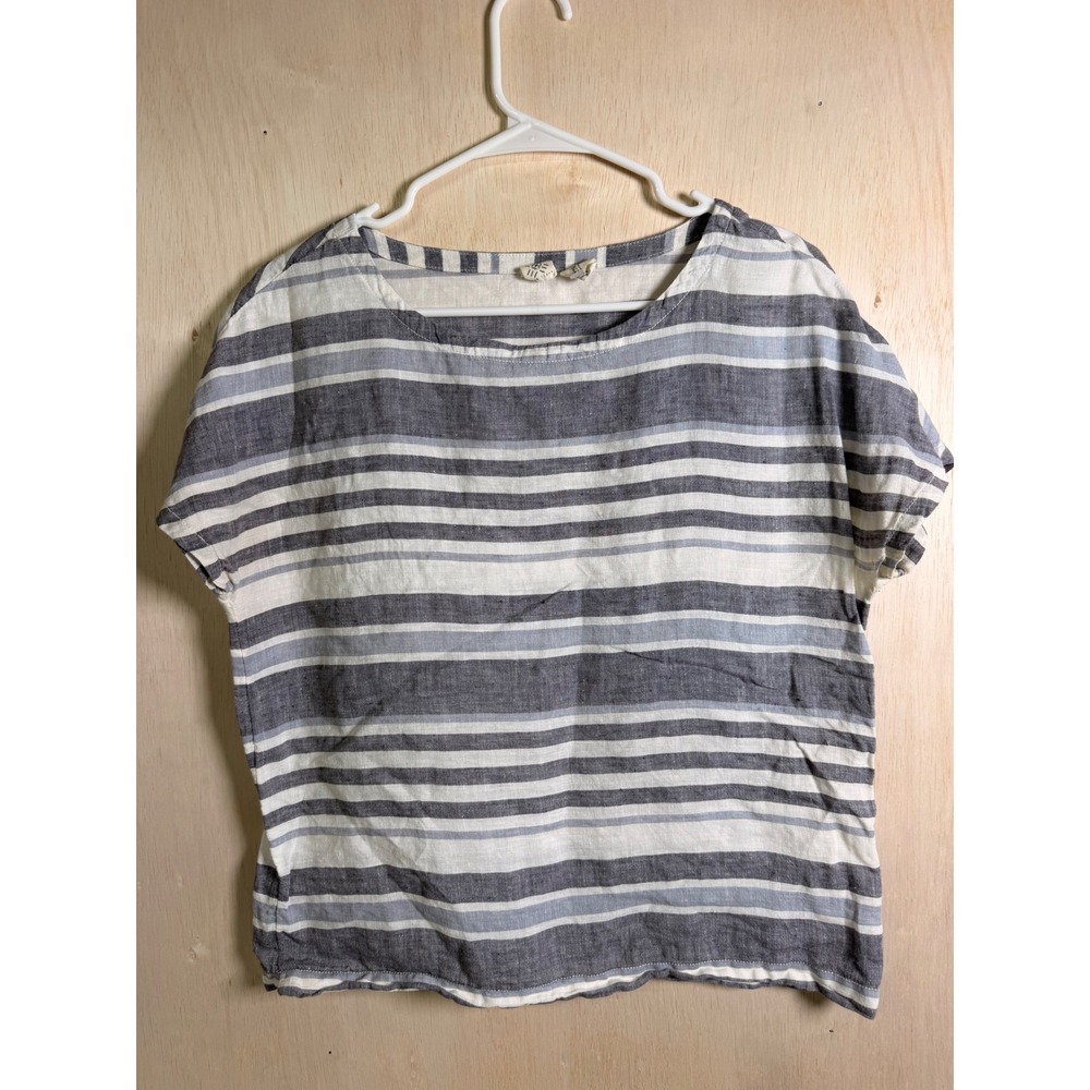 Artisan NY Linen Striped Top Women Size S Grey White Excellent Short Sleeve